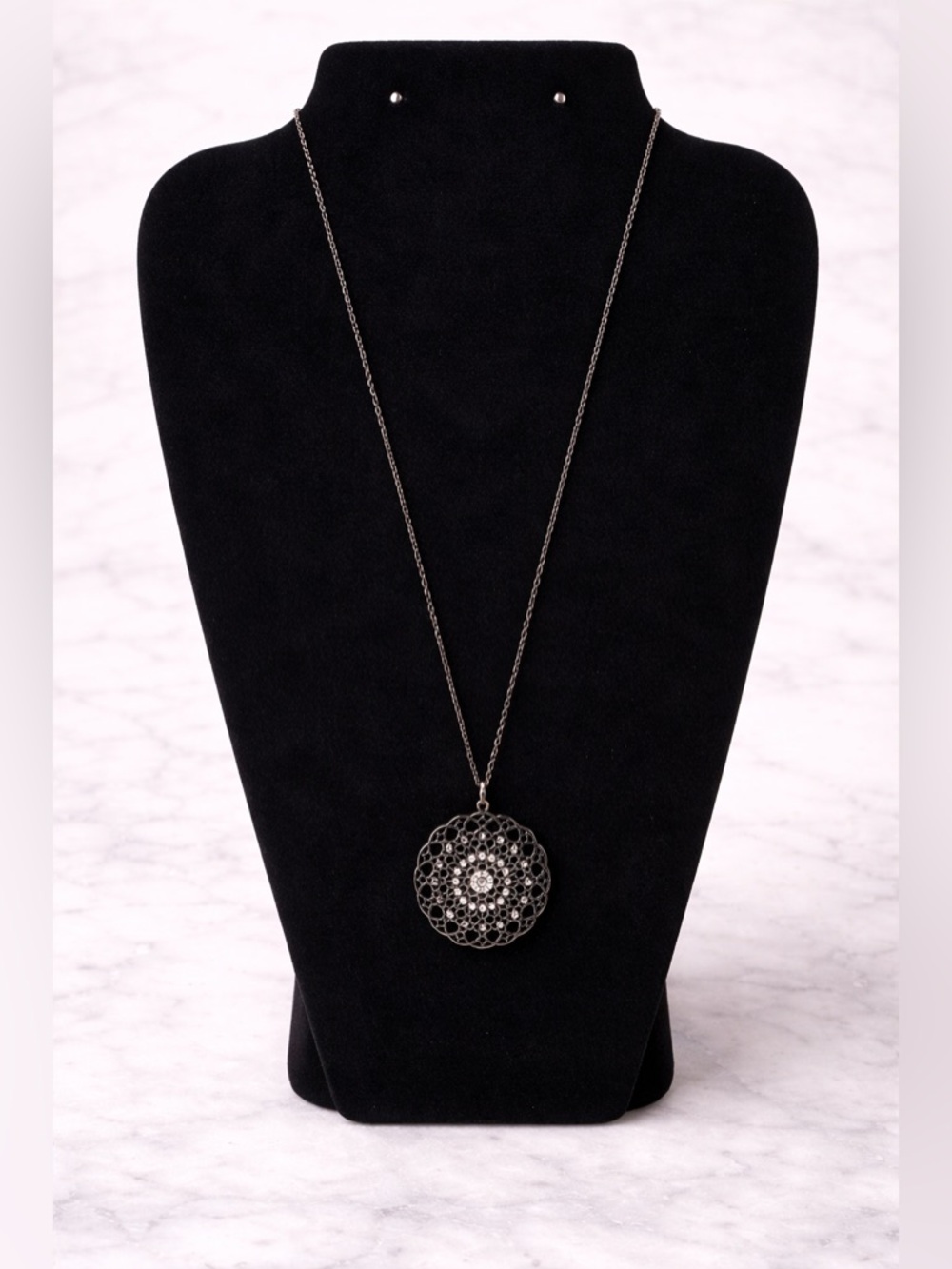 Delicate Black Filigree Pendant Necklace with Crystal Accent